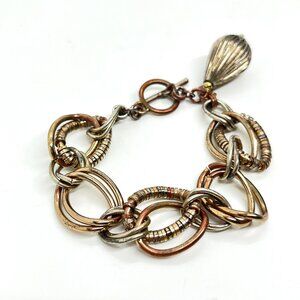 LIZ CLAIBORNE TEARDROP CHARM LINK BRACELET COPPER SILVER GOLD TONE TOGGLE 8 INCH